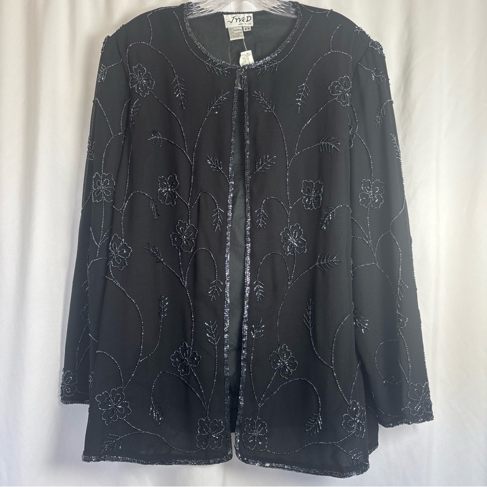 JMD New York Jacket Black Blue Floral Beaded Festive 90's Hook Close Sz 2x